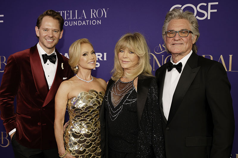 ASPEN, COLORADO - MARCH 21: (L-R) Thomas Pierce, Stella Roy, Goldie Hawn and Kurt Russell attend COSF's 4th Annual Aspen Snow Ball Gala on March 21, 2026 in Aspen, Colorado. (Photo by Nick Tininenko/Getty Images for for Children's Oncology Support Fund)